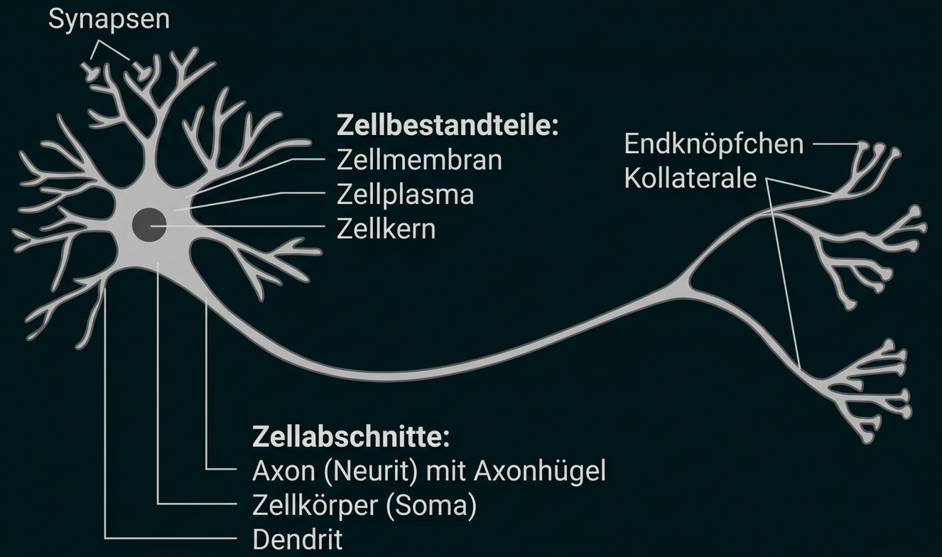Schematische Darstellung einer Nervenzelle mit Zellkörper, Dendriten, Axon und Synapsen.